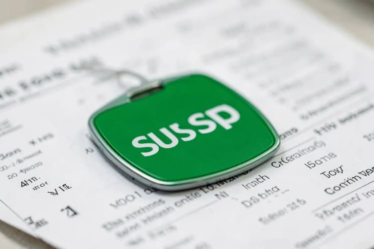 Um crachá de identificação do SUS SP em close-up sobre um fundo desfocado de documentos médicos, simbolizando a prova.