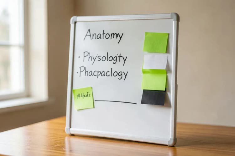 Um quadro branco com um cronograma de estudos e tópicos importantes escritos, como "Anatomia", "Fisiologia" e "Farmacologia", com post-its coloridos.