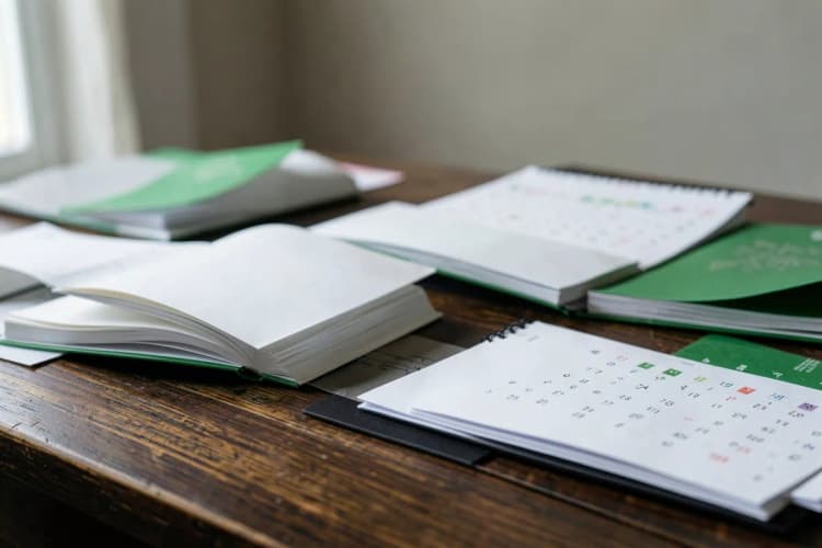 Uma mesa de estudo organizada com livros, anotações e um calendário marcando datas importantes, sugerindo planejamento.