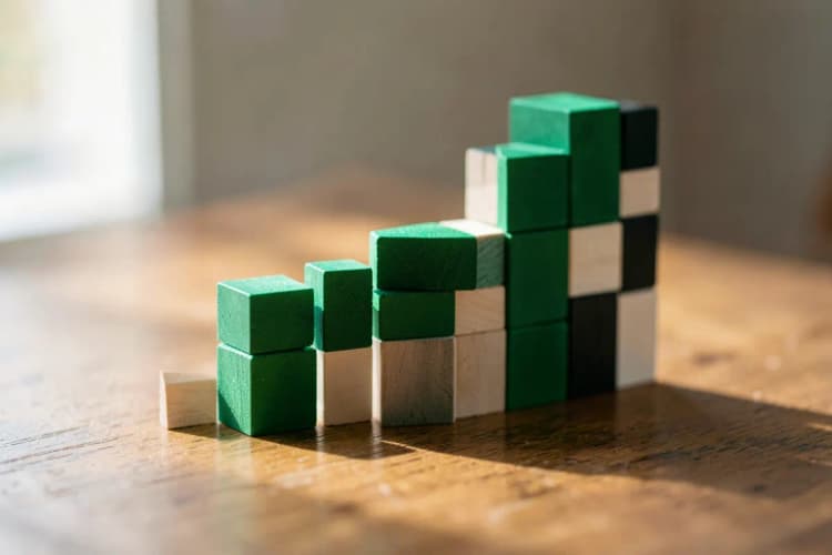 Um gráfico de barras ascendente feito de blocos de madeira empilhados, em cima de uma mesa.