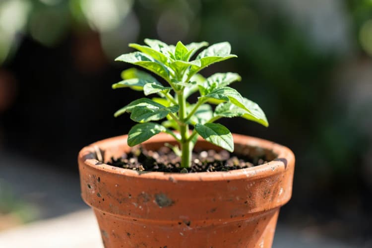 Uma planta crescendo em um vaso, com luz solar incidindo sobre ela.