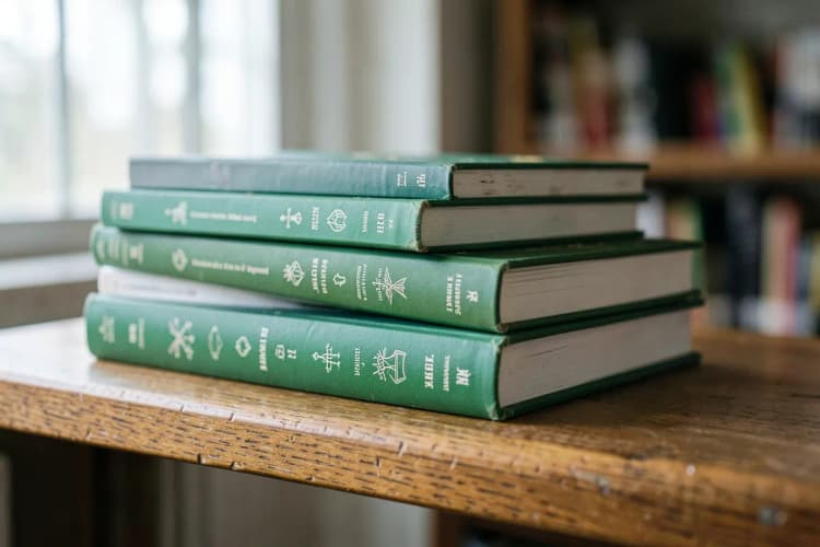 Uma pilha de livros médicos organizados em uma prateleira de madeira.