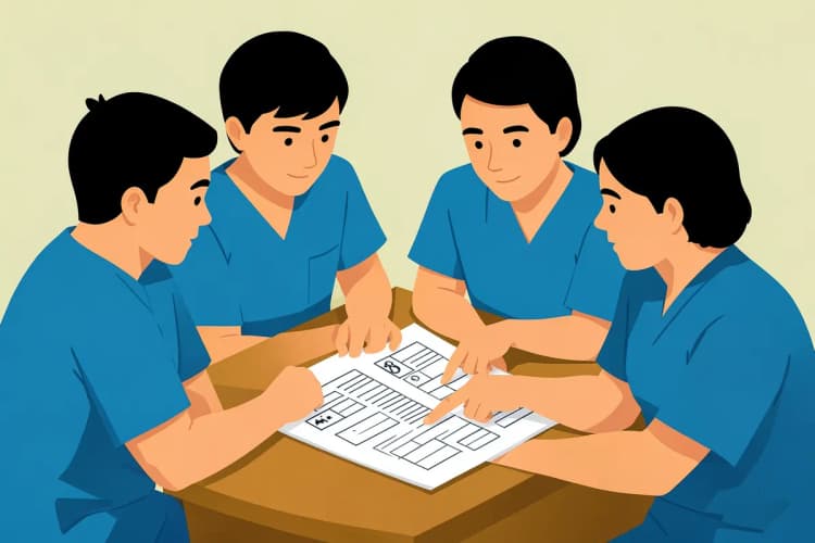 Grupo de médicos jovens reunidos em volta de uma mesa discutindo um prontuário.