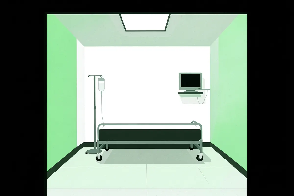 Sala de hospital com equipamentos médicos e cama, sem pacientes.