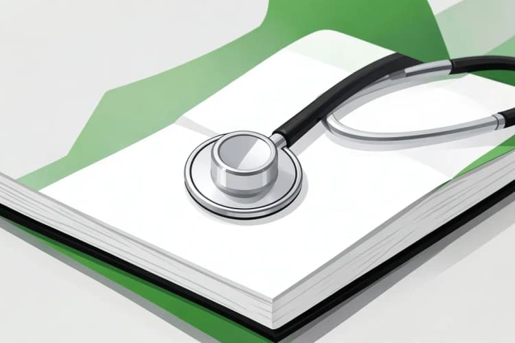 Close-up de um estetoscópio sobre um livro médico aberto.