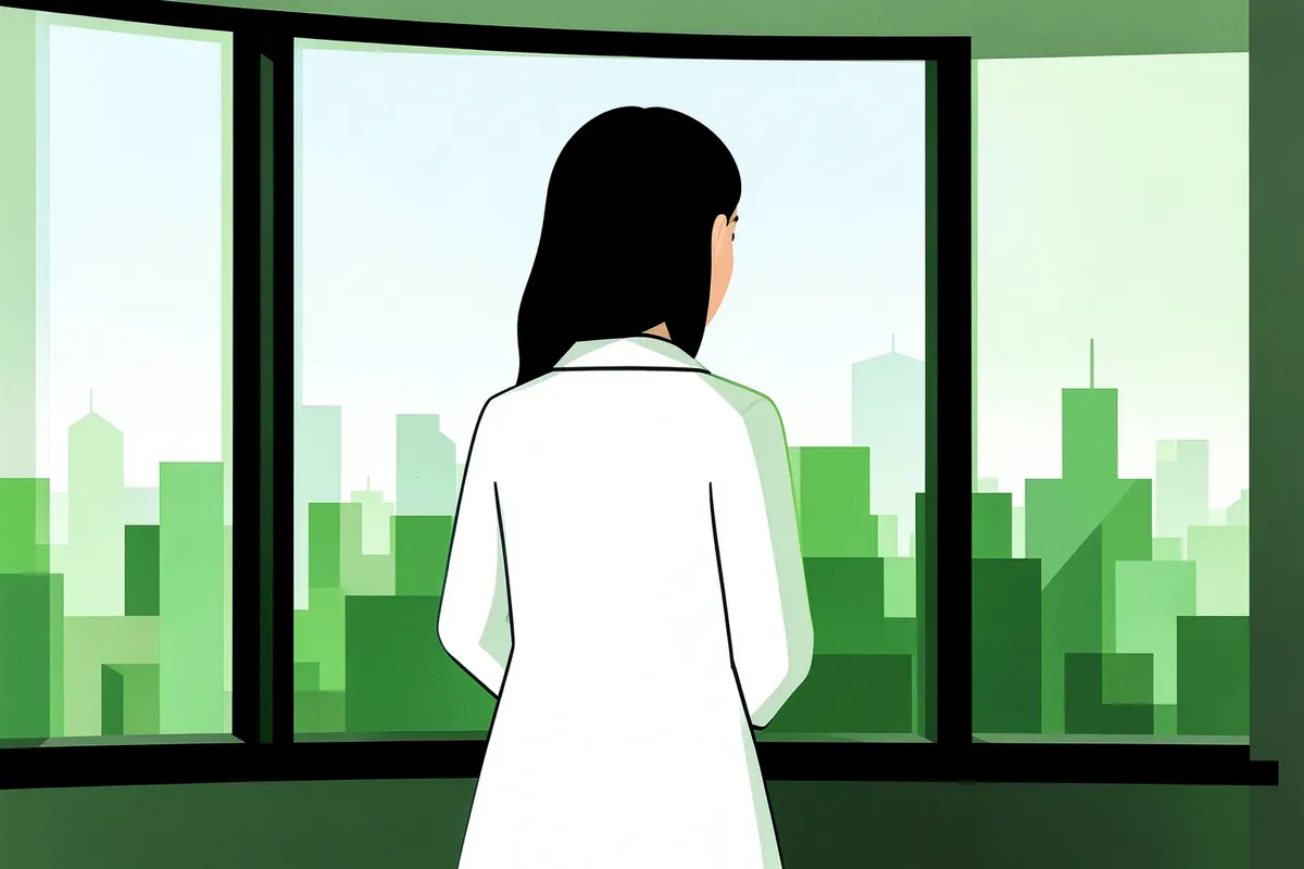 Médica jovem pensativa olhando pela janela de um hospital.
